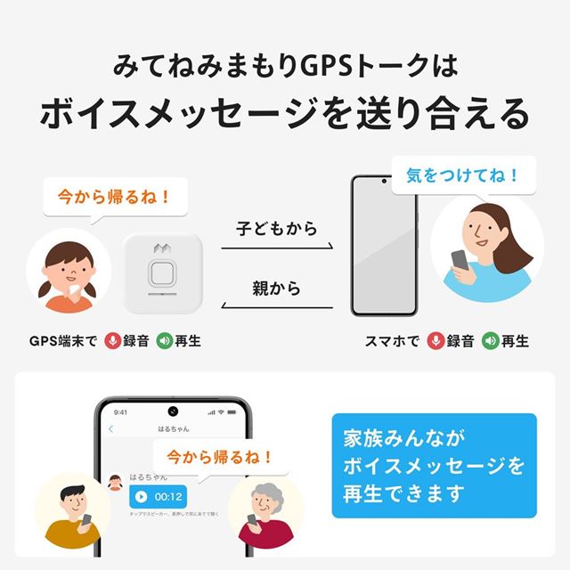 子どもから親へ、親から子どもへ、ボイスメッセージを送り合えるメッセージ機能付き。京急線改札通過連絡対応モデル。